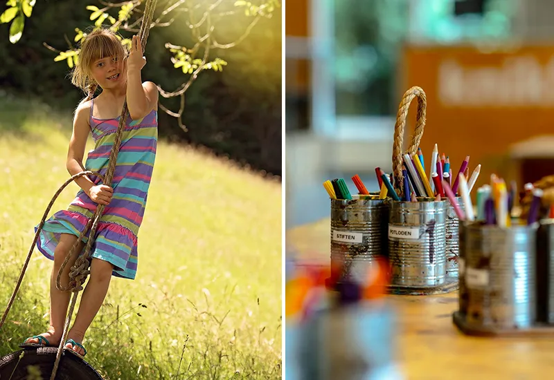 Reuse car tires as swings and tin cans as pen holders