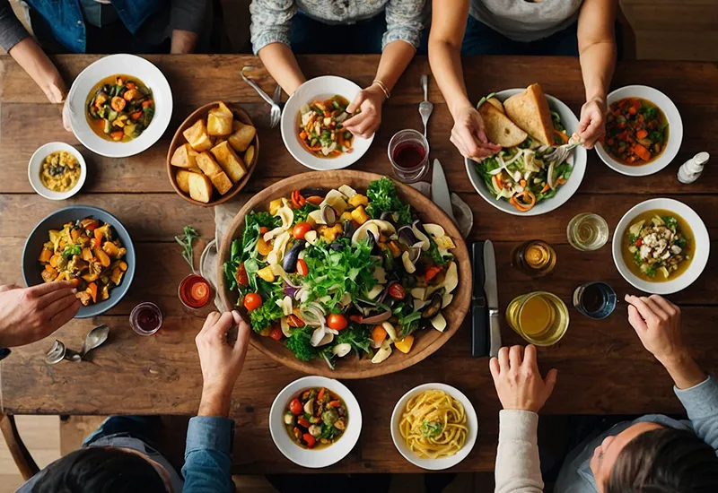 Vegetarisches Essen am Tisch mit Familie und Freunden